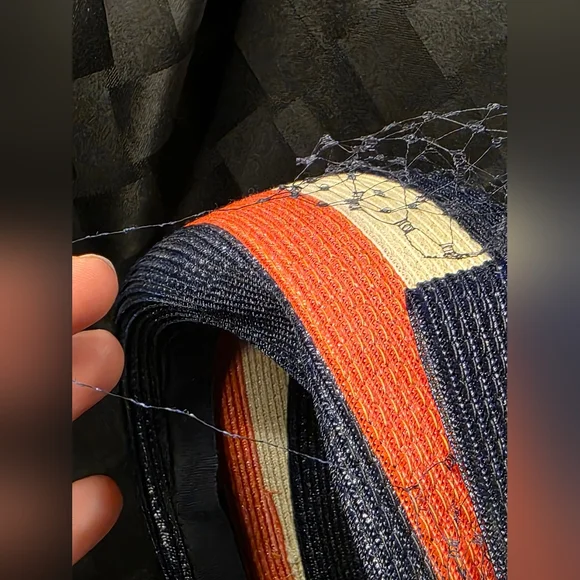 Vintage Pill Box 50s/60s Navy (Red/White/Blue) Woven Straw Veil & Bow SZ Medium - Picture 9 of 14